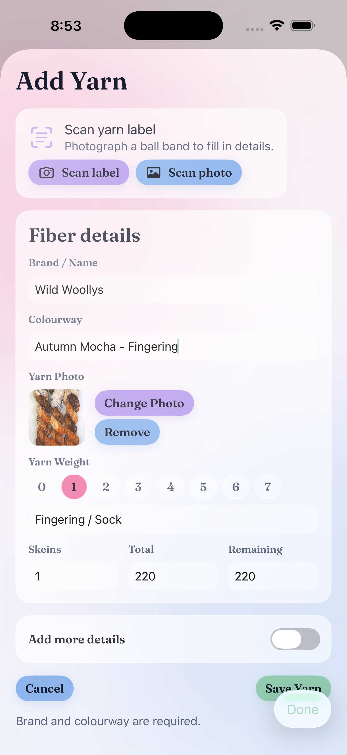 Fibecheck add yarn screen with saved yarn photo and details