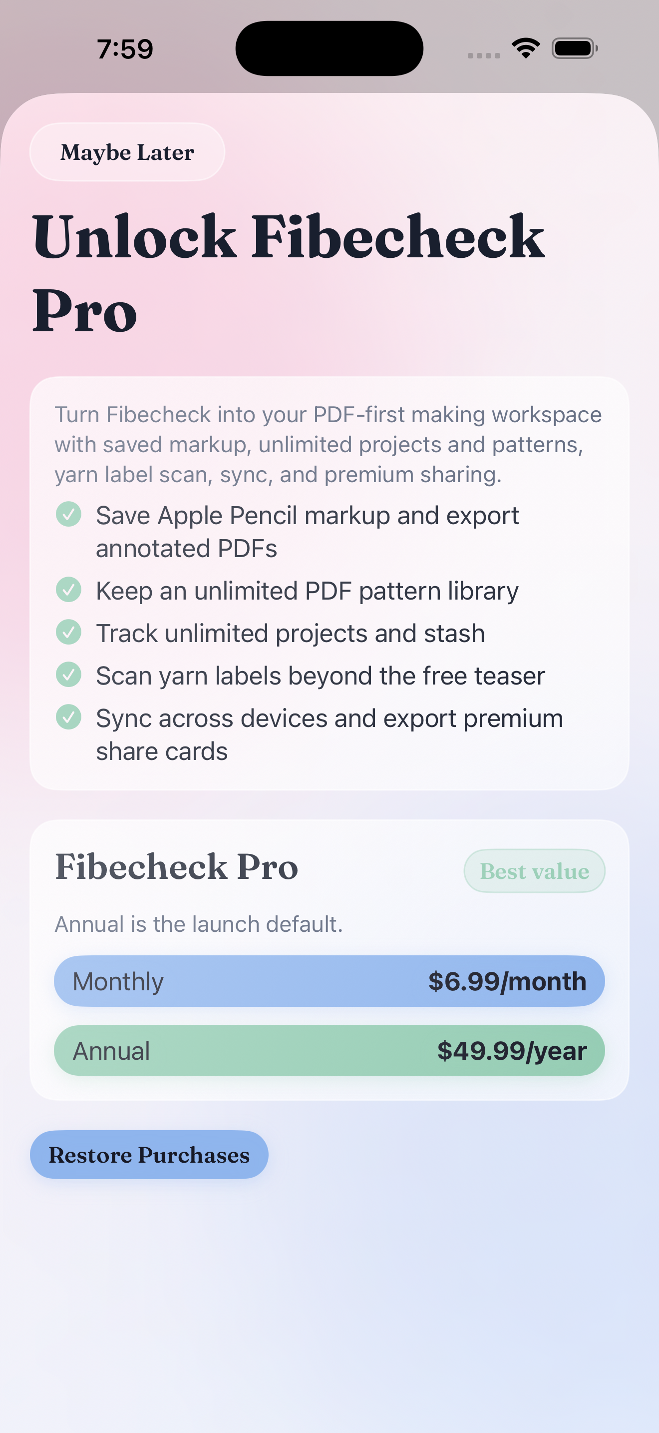 Fibecheck Pro upgrade screen