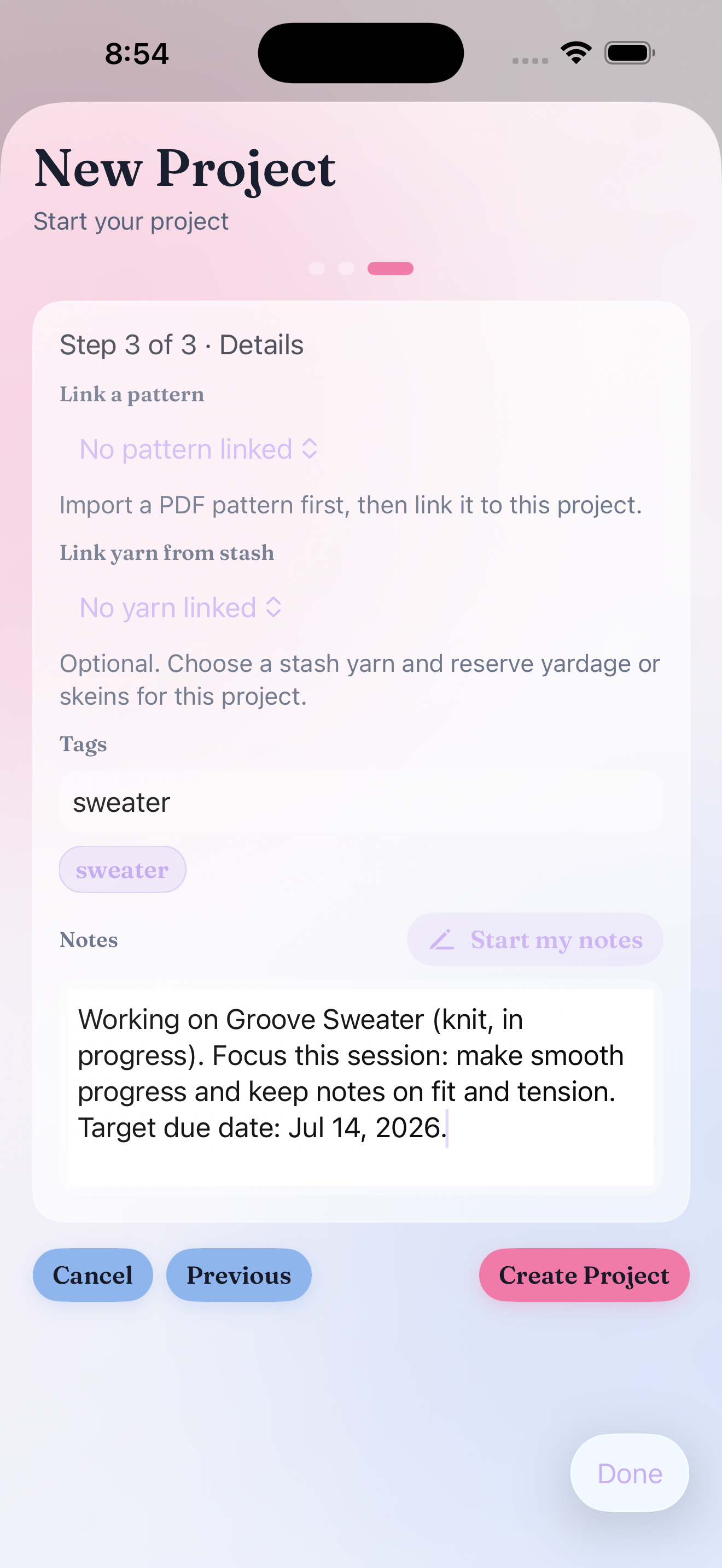Fibecheck new project details screen with notes and tags