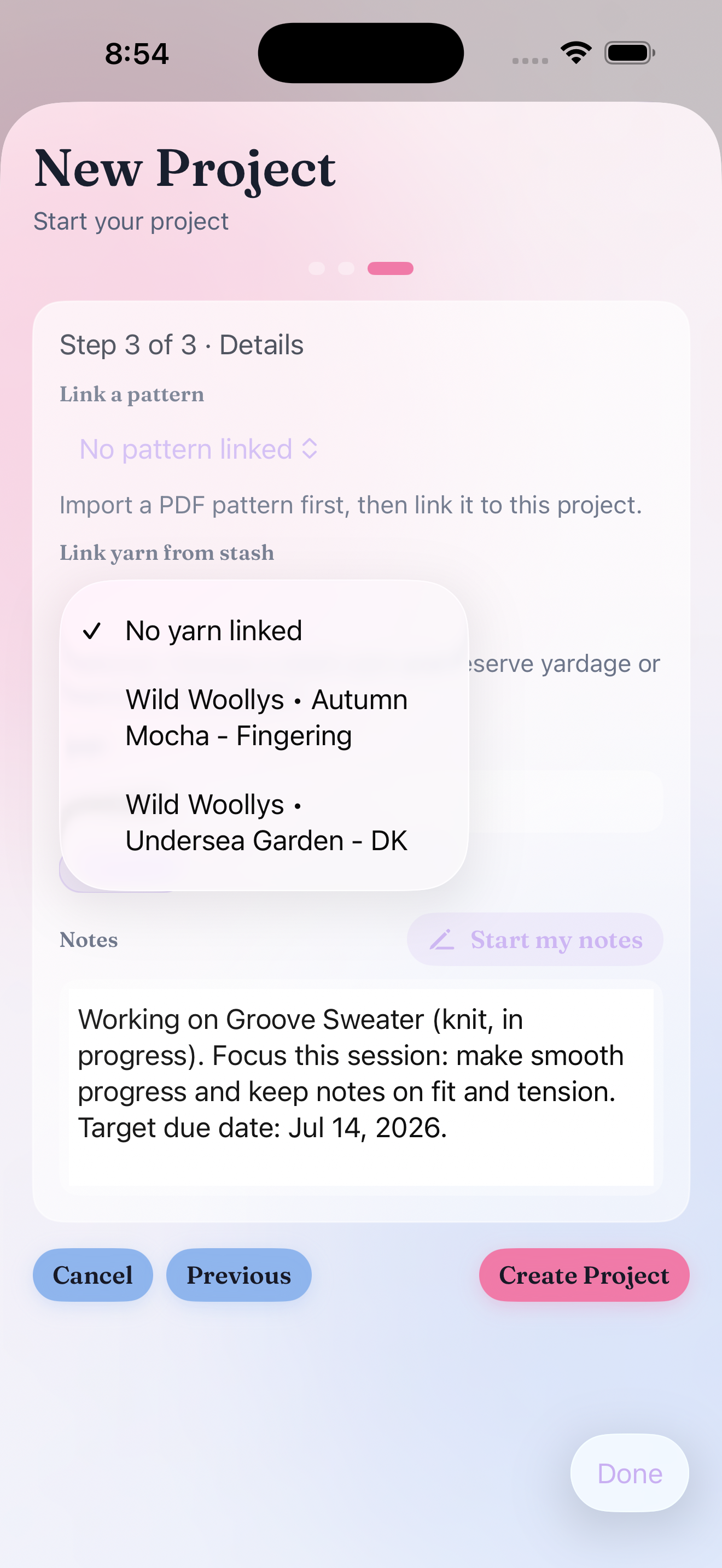 Fibecheck project details screen with stash picker open