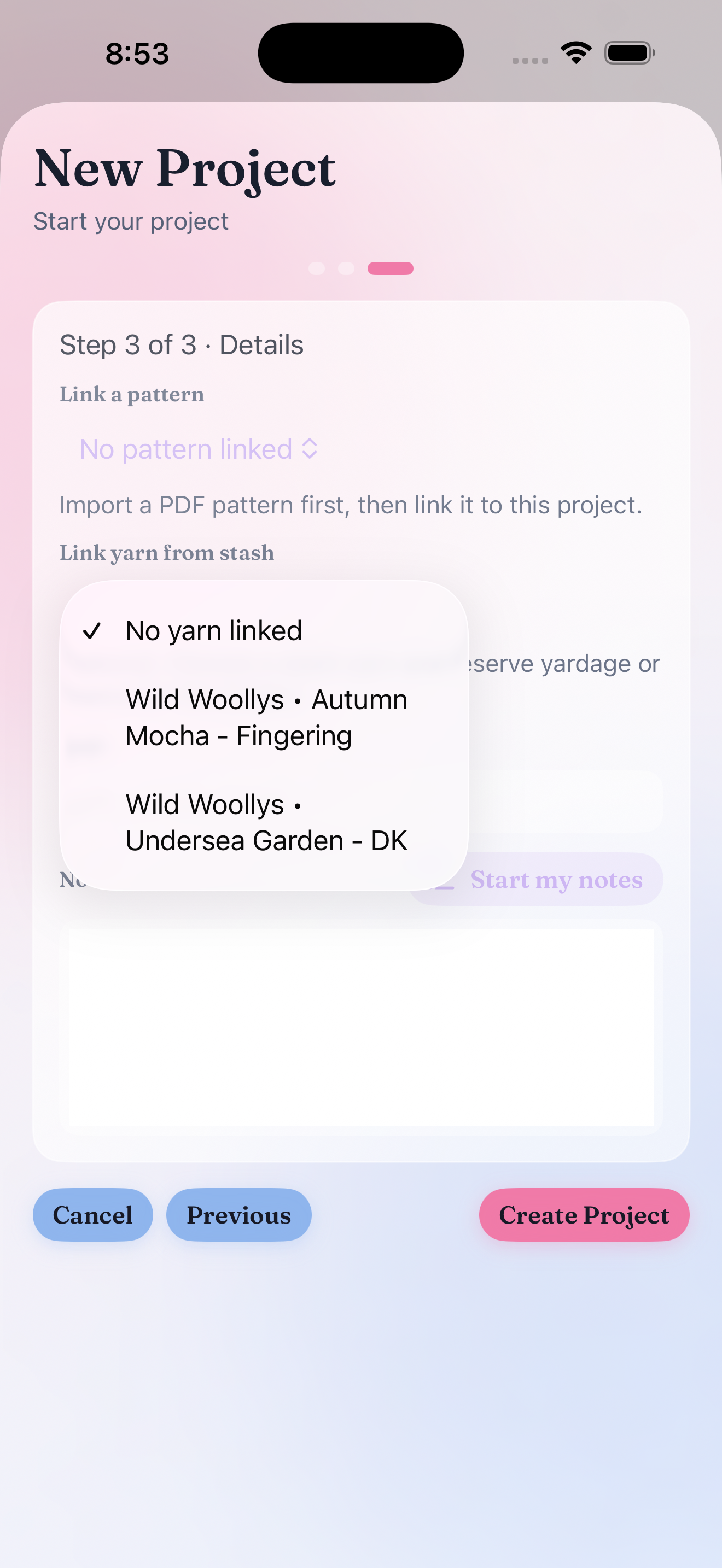 Fibecheck project details screen showing linked pattern and stash options