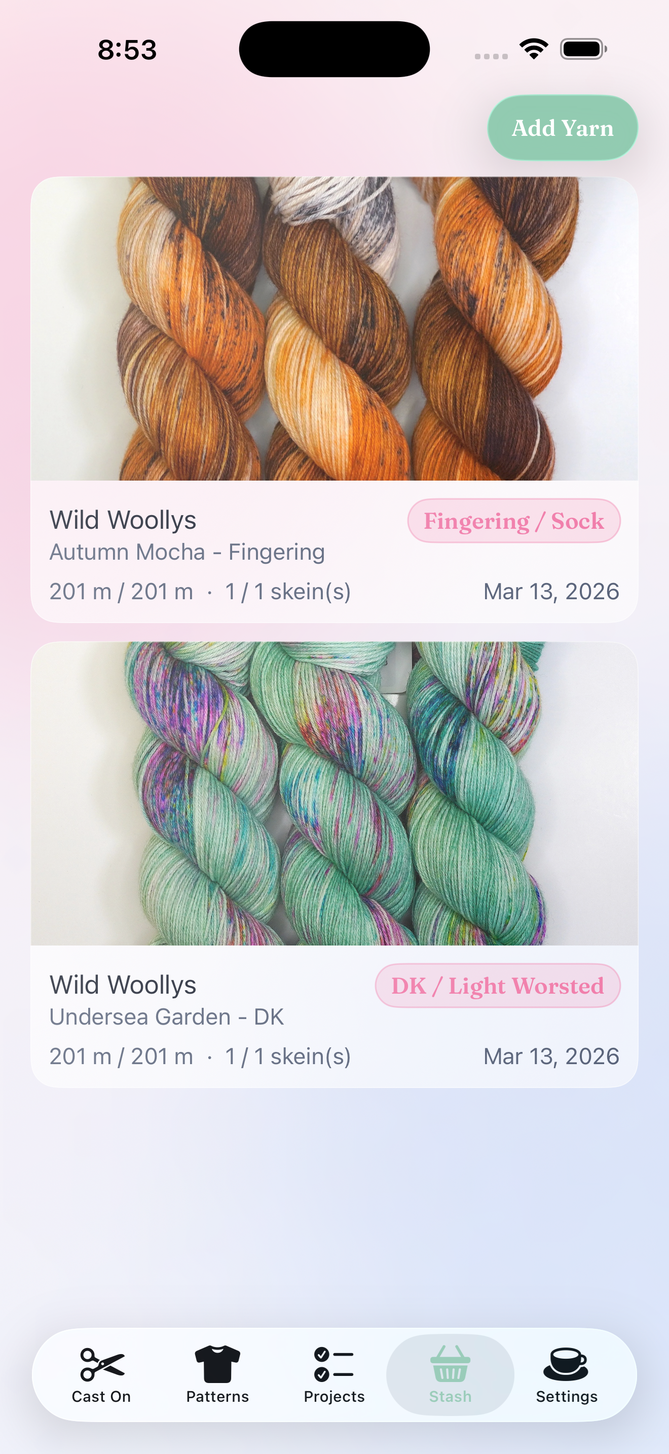 Fibecheck stash overview with saved yarn entries